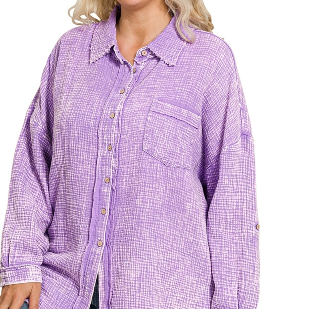 103 NWT Zenana Plus Washed Double Gauze Button Lavender Textured Top 1X 2X 3X - Picture 4 of 10
